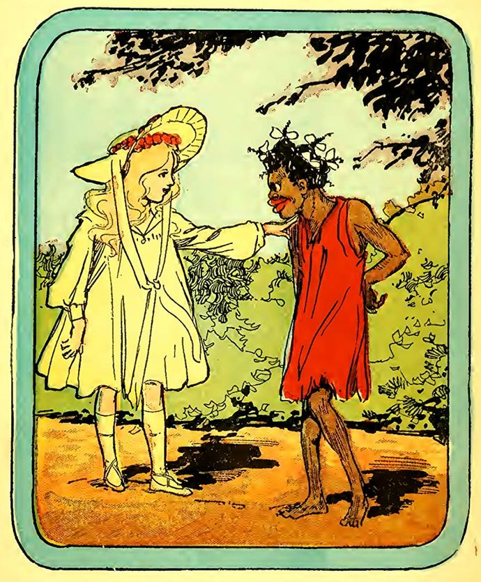 Young, fair girl speaking to a stereotypical depiction of a young black girl slumped over in misery. Picture courtesy of pbs.org